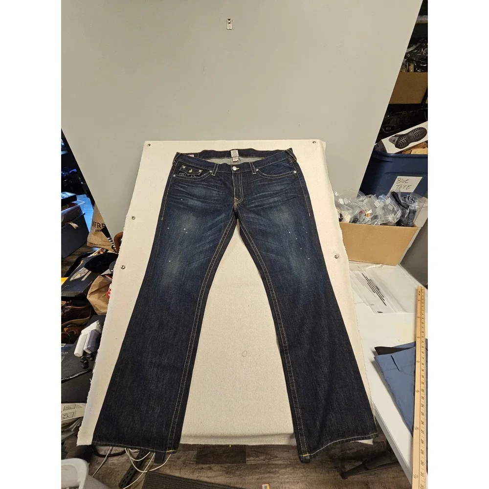 True Religion Ricky Straight‎ Leg Jeans Mens 44x34 Dark Wash FLAP USA Distressed
